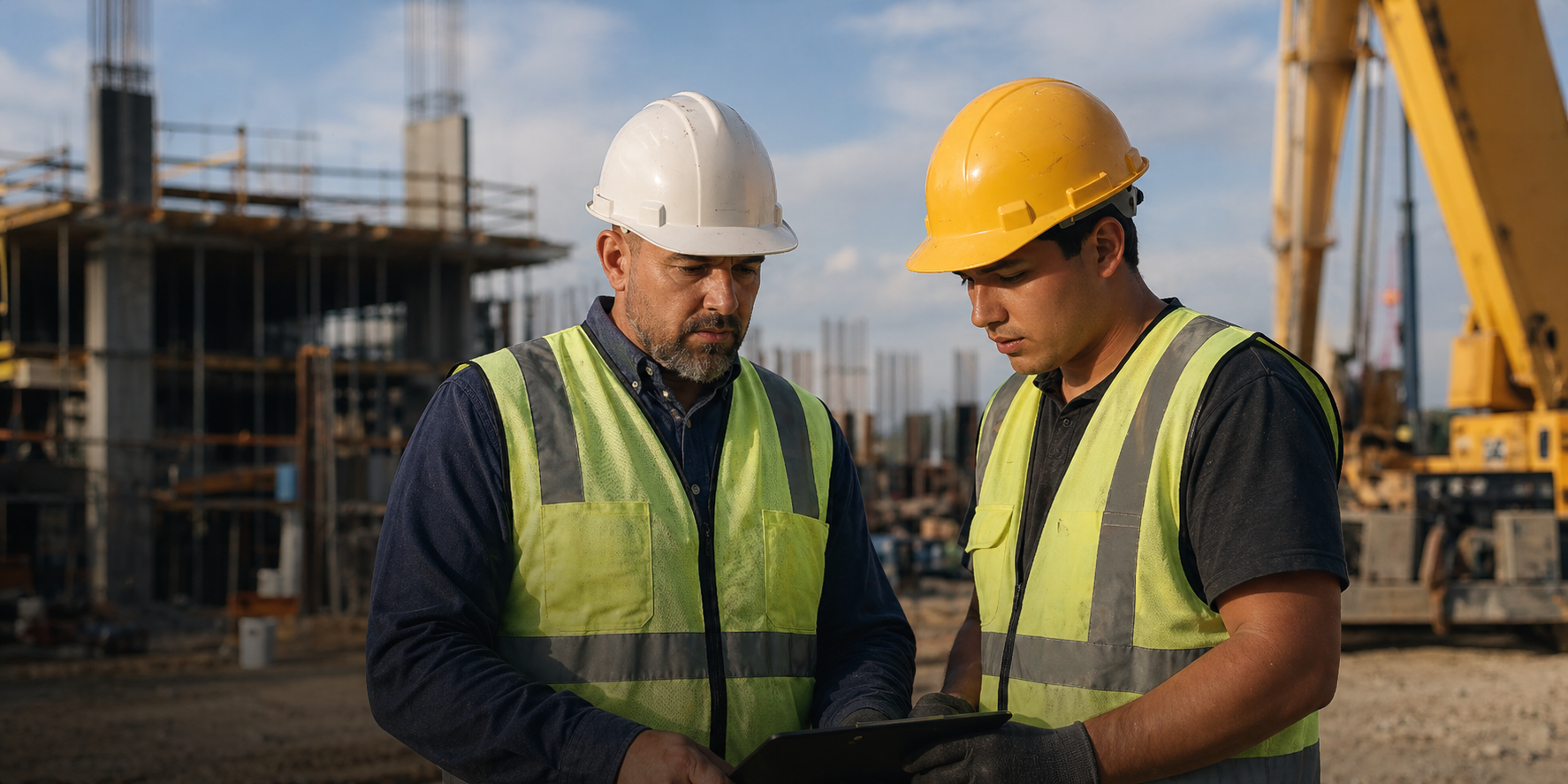 Experienced crane operator mentoring a younger operator on a construction jobsite
